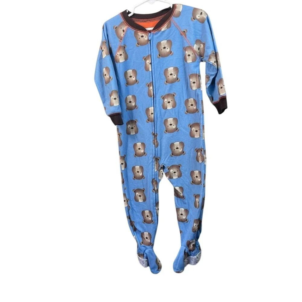 Footed Pajamas Blue Brown Bear Print Zip Up One Piece‎ Sleepwear